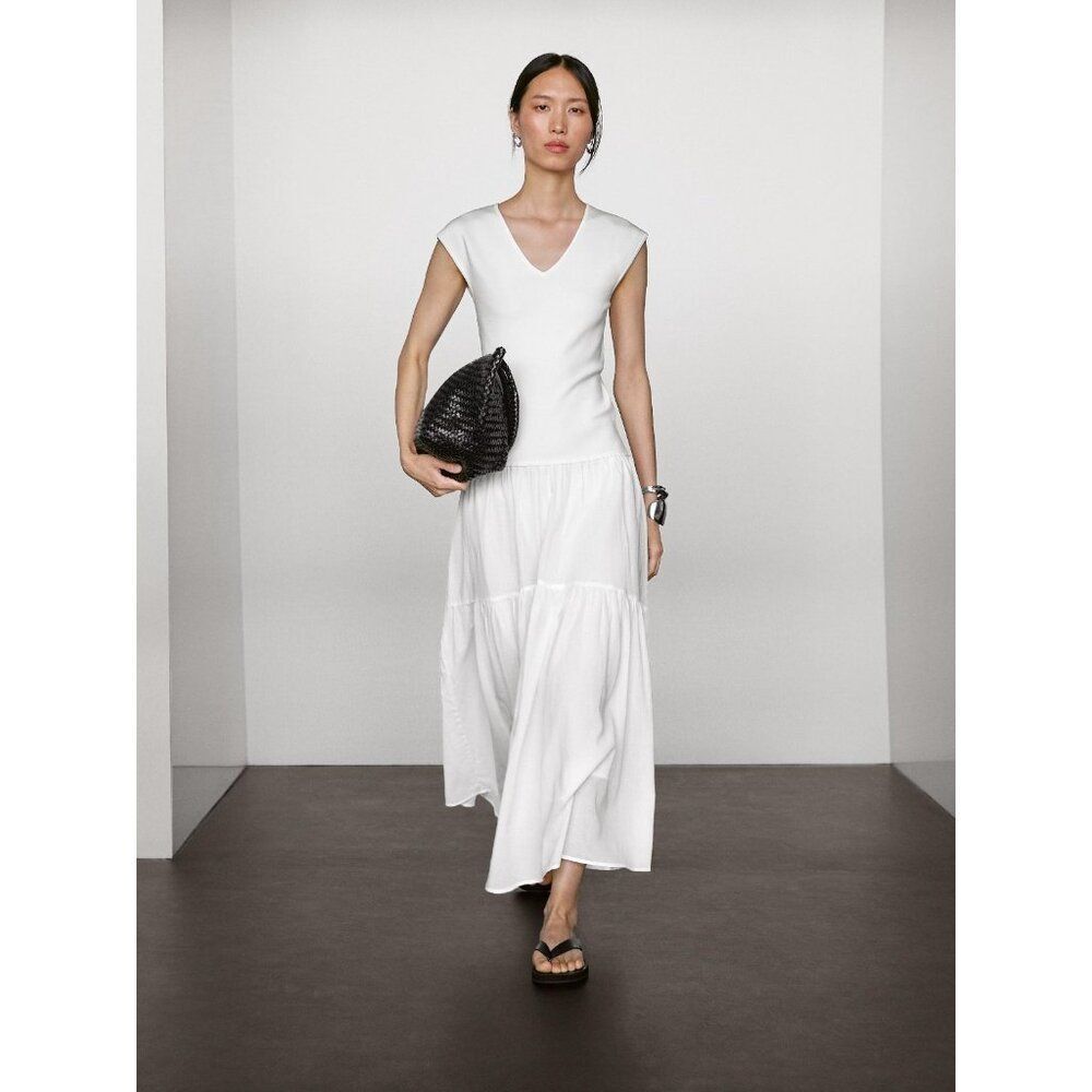 Massimo Dutti Womens Dress S White Contrast Vneck Sleeveless Maxi 6601/566 NWT